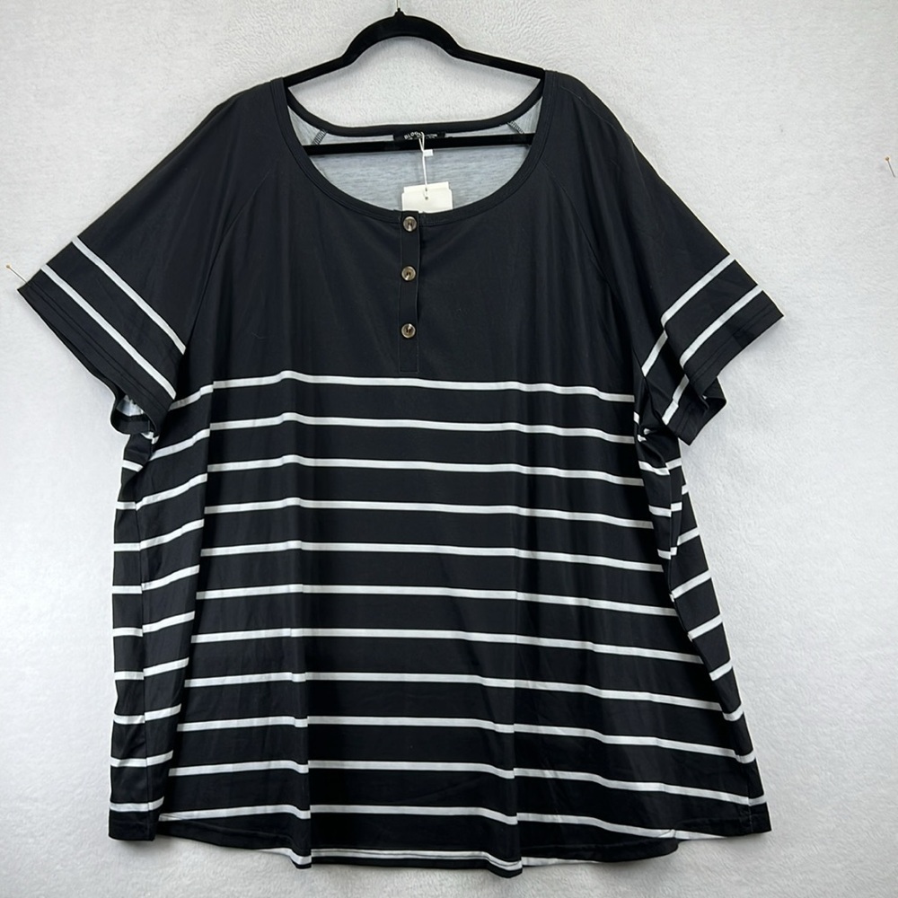 BloomChic Women’s Top Plus Sz 26 Black & White Poly Knit Striped Scoop Neck NWT